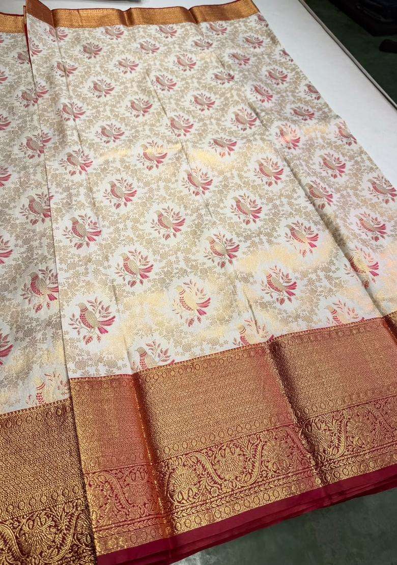 Off White And Maroon Tissue Kanchipuram Saree With Traditional Woven Design For Women - Indya