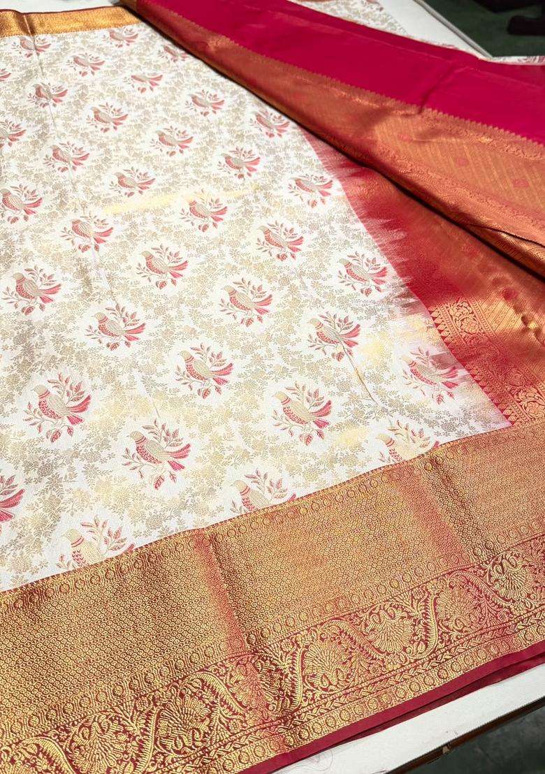 Off White And Maroon Tissue Kanchipuram Saree With Traditional Woven Design For Women - Indya