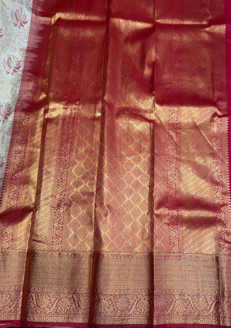 Off White And Maroon Tissue Kanchipuram Saree With Traditional Woven Design For Women - Indya