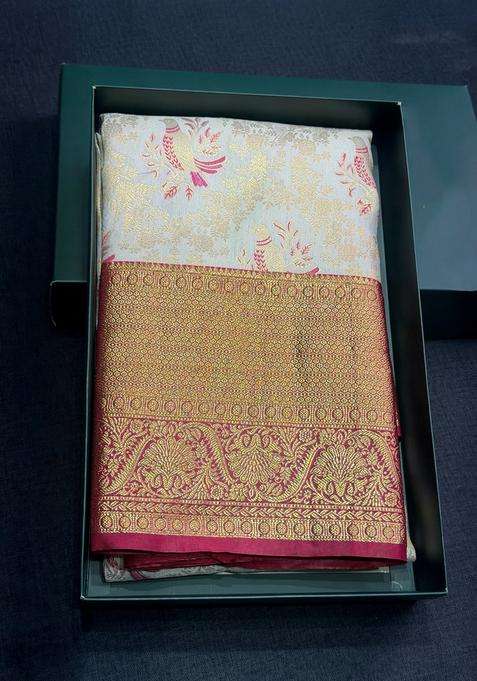 Off White And Maroon Tissue Kanchipuram Saree With Traditional Woven Design For Women