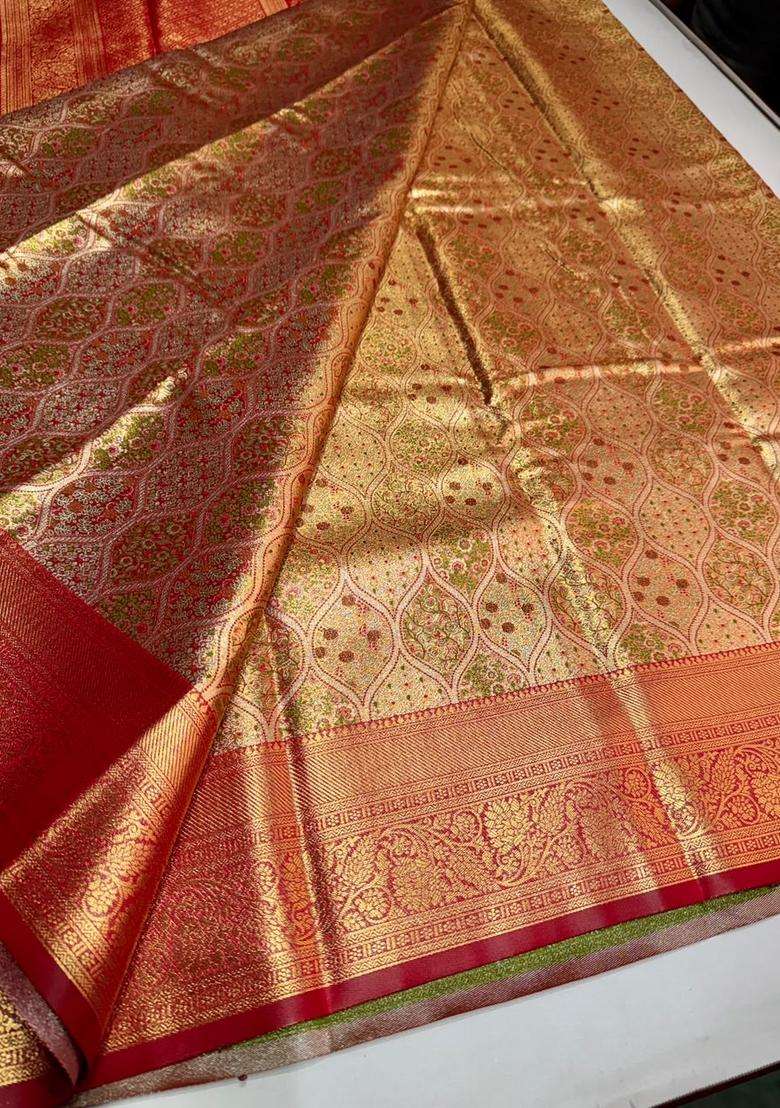 Red Tissue Kanchipuram Saree With Traditional Woven Design For Women - Indya