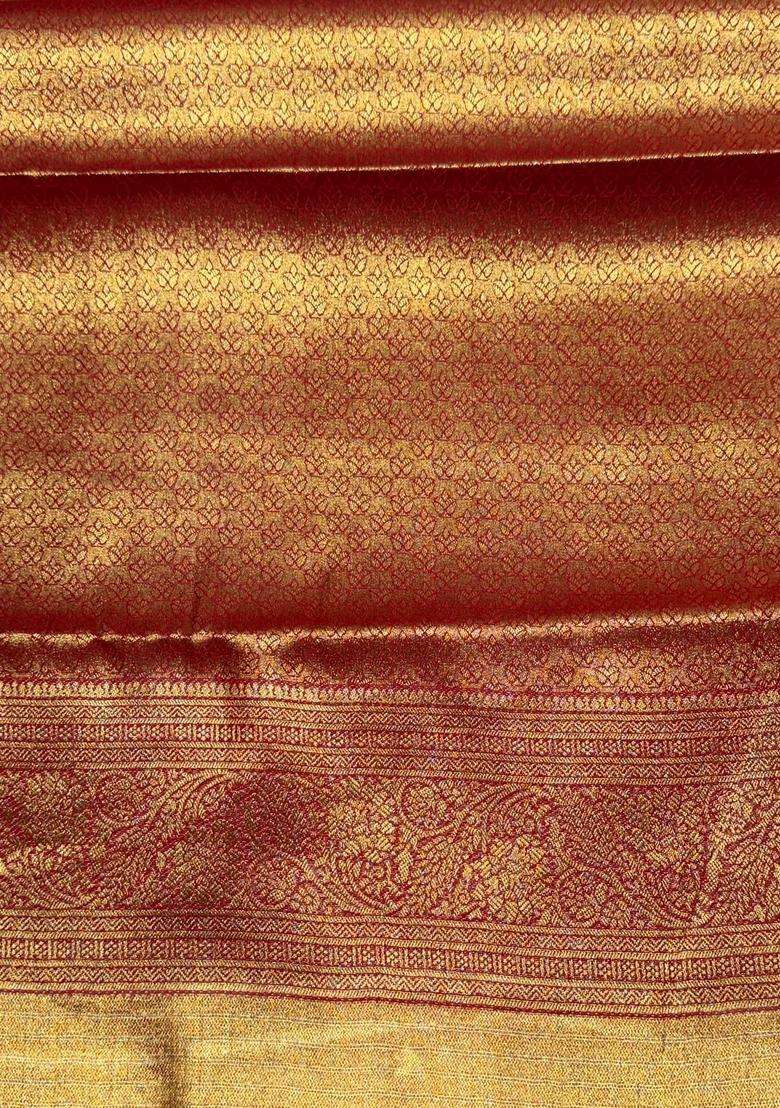 Red Tissue Kanchipuram Saree With Traditional Woven Design For Women - Indya