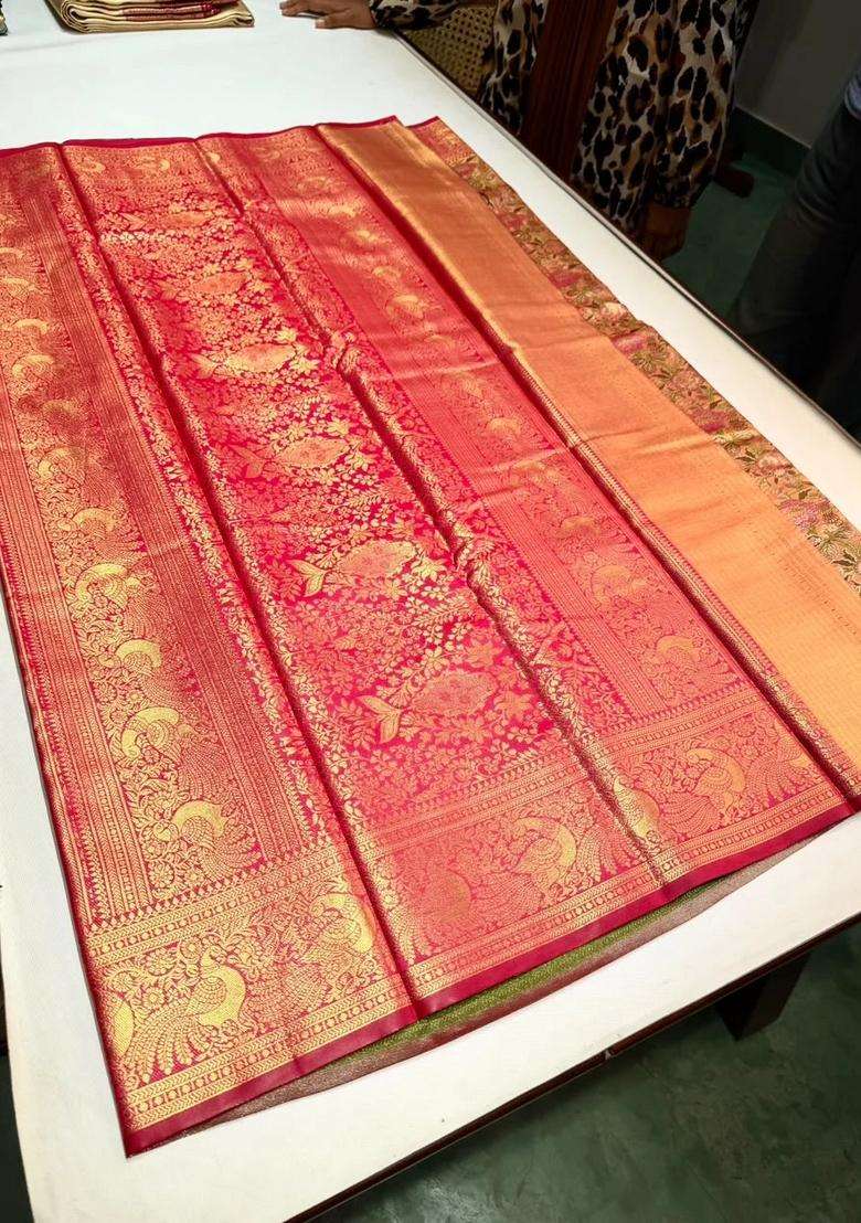 Rani Pink Tissue Kanchipuram Saree With Traditional Woven Design For Women - Indya