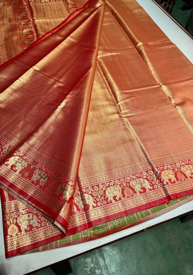 Red Tissue Kanchipuram Saree With Traditional Woven Design For Women - Indya