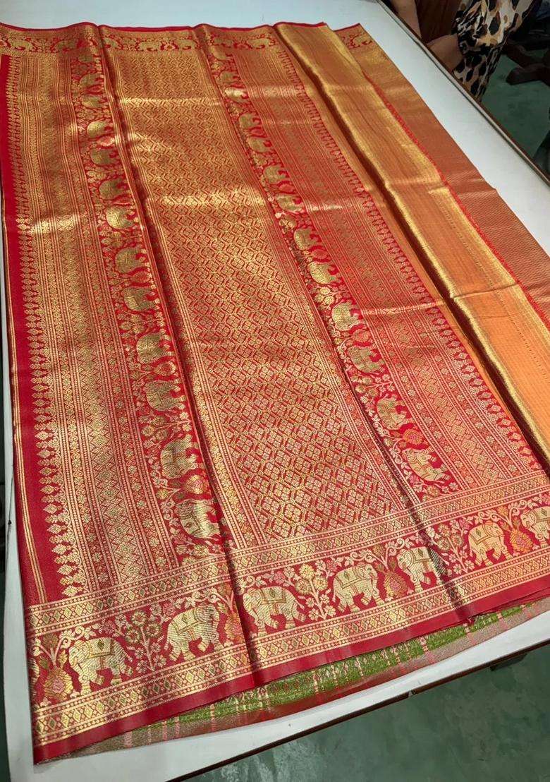 Red Tissue Kanchipuram Saree With Traditional Woven Design For Women - Indya