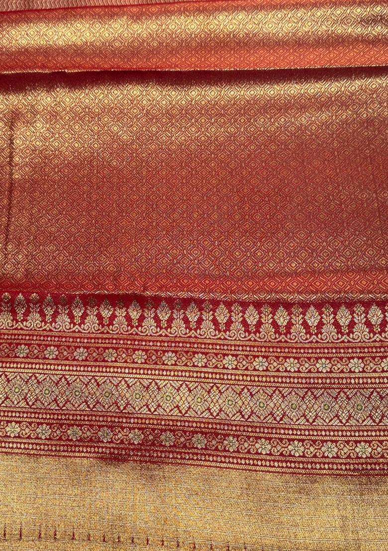 Red Tissue Kanchipuram Saree With Traditional Woven Design For Women - Indya