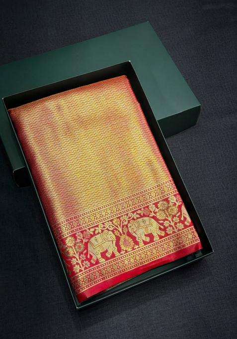 Red Tissue Kanchipuram Saree With Traditional Woven Design For Women