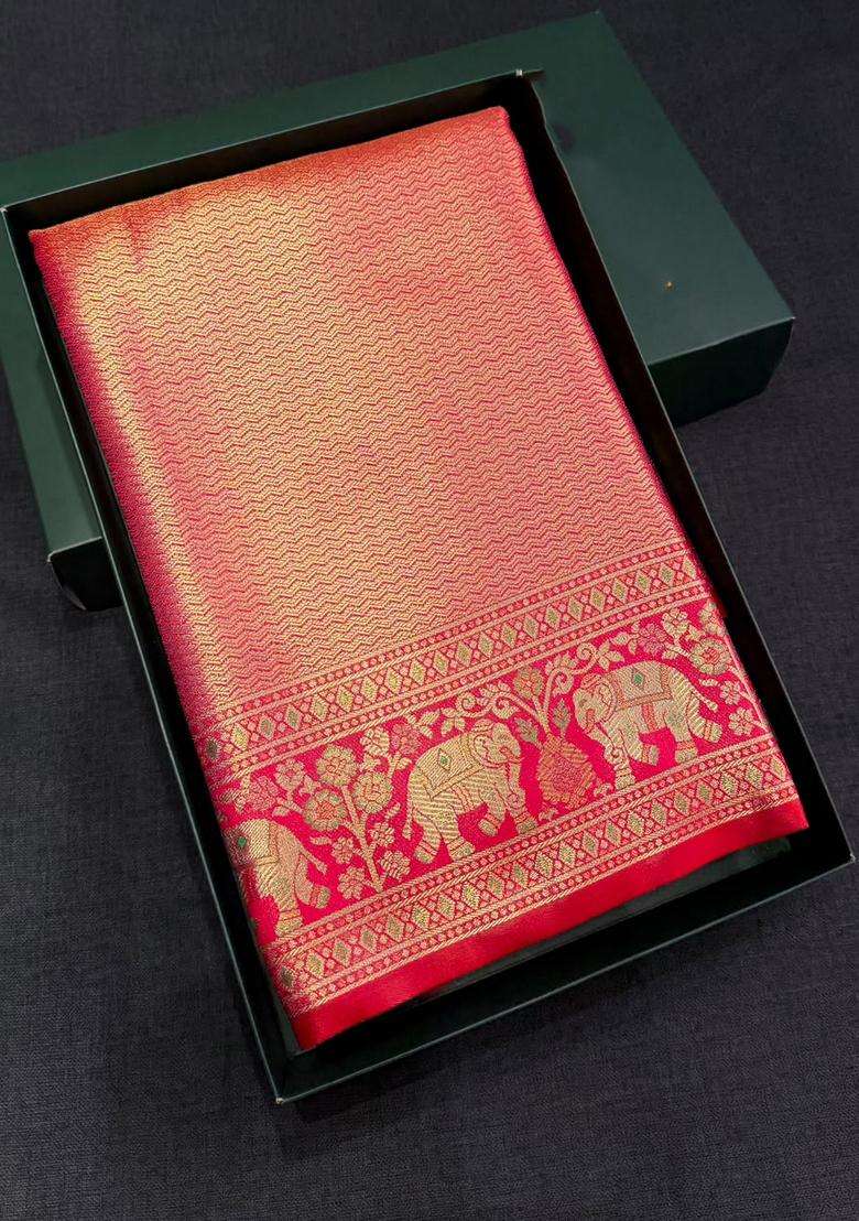 Rani Pink Tissue Kanchipuram Saree With Traditional Woven Design For Women - Indya