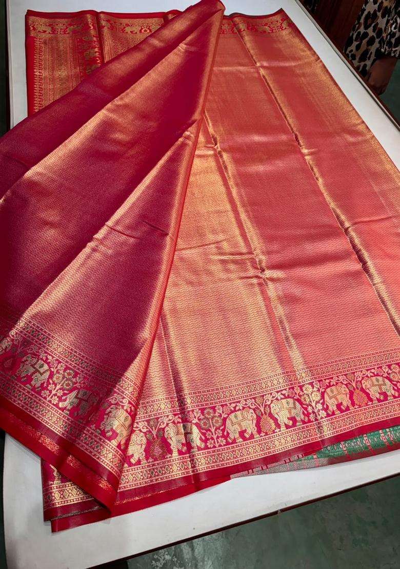 Rani Pink Tissue Kanchipuram Saree With Traditional Woven Design For Women - Indya