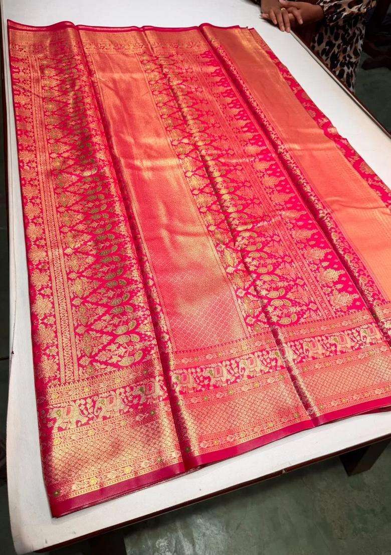 Rani Pink Tissue Kanchipuram Saree With Traditional Woven Design For Women - Indya