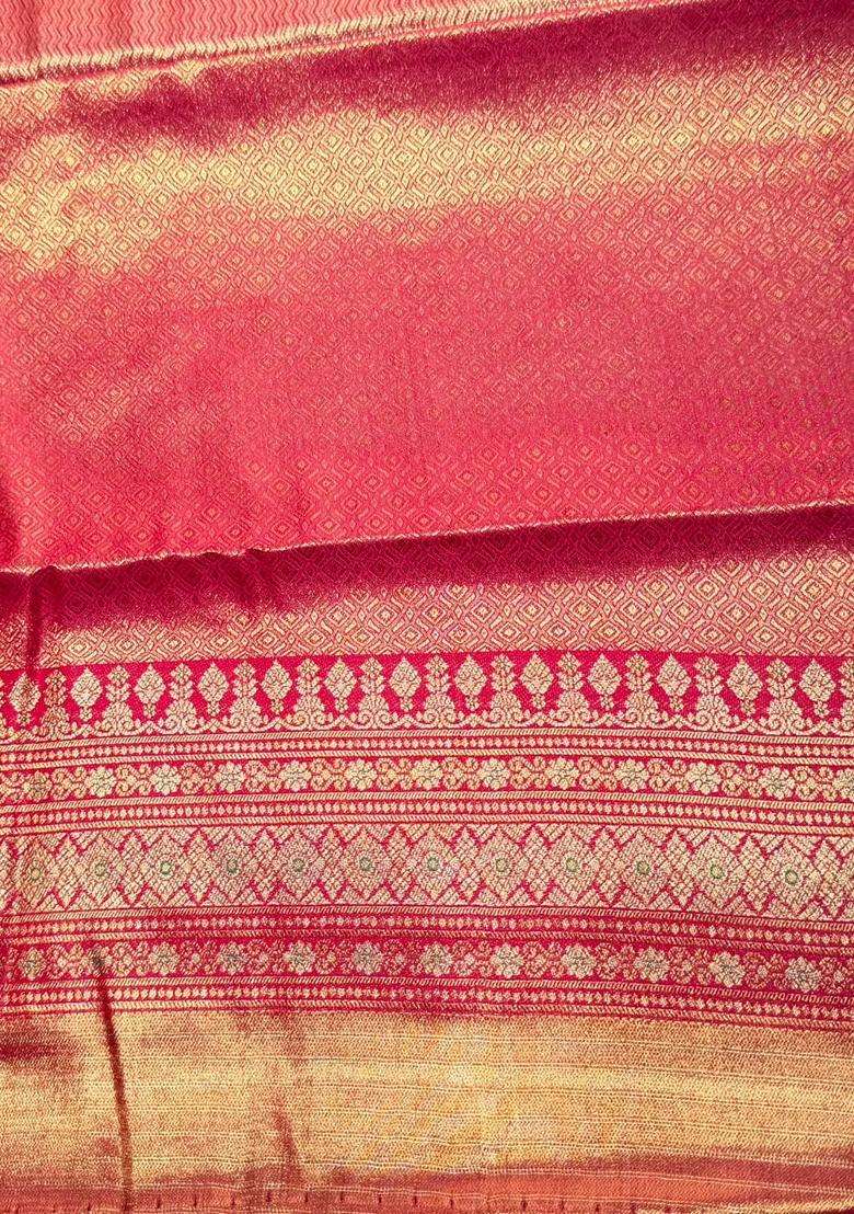 Rani Pink Tissue Kanchipuram Saree With Traditional Woven Design For Women - Indya