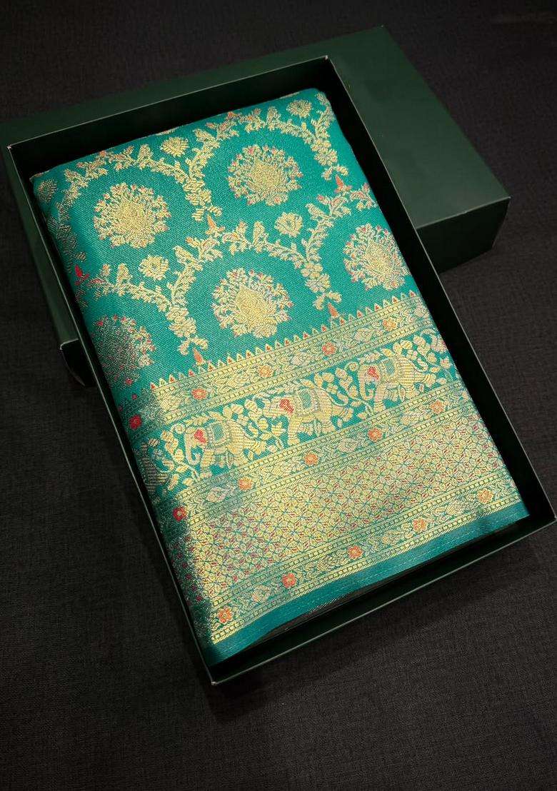 Peacock Blue Tissue Kanchipuram Saree With Traditional Woven Design For Women - Indya
