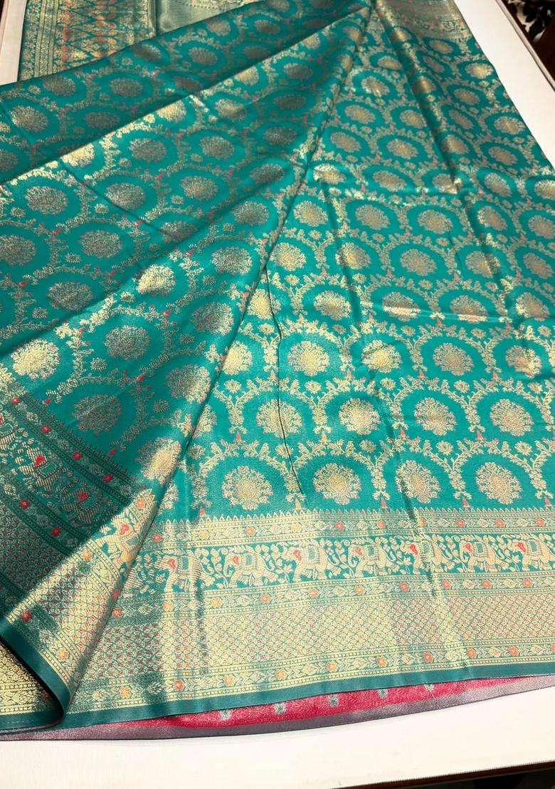 Peacock Blue Tissue Kanchipuram Saree With Traditional Woven Design For Women - Indya