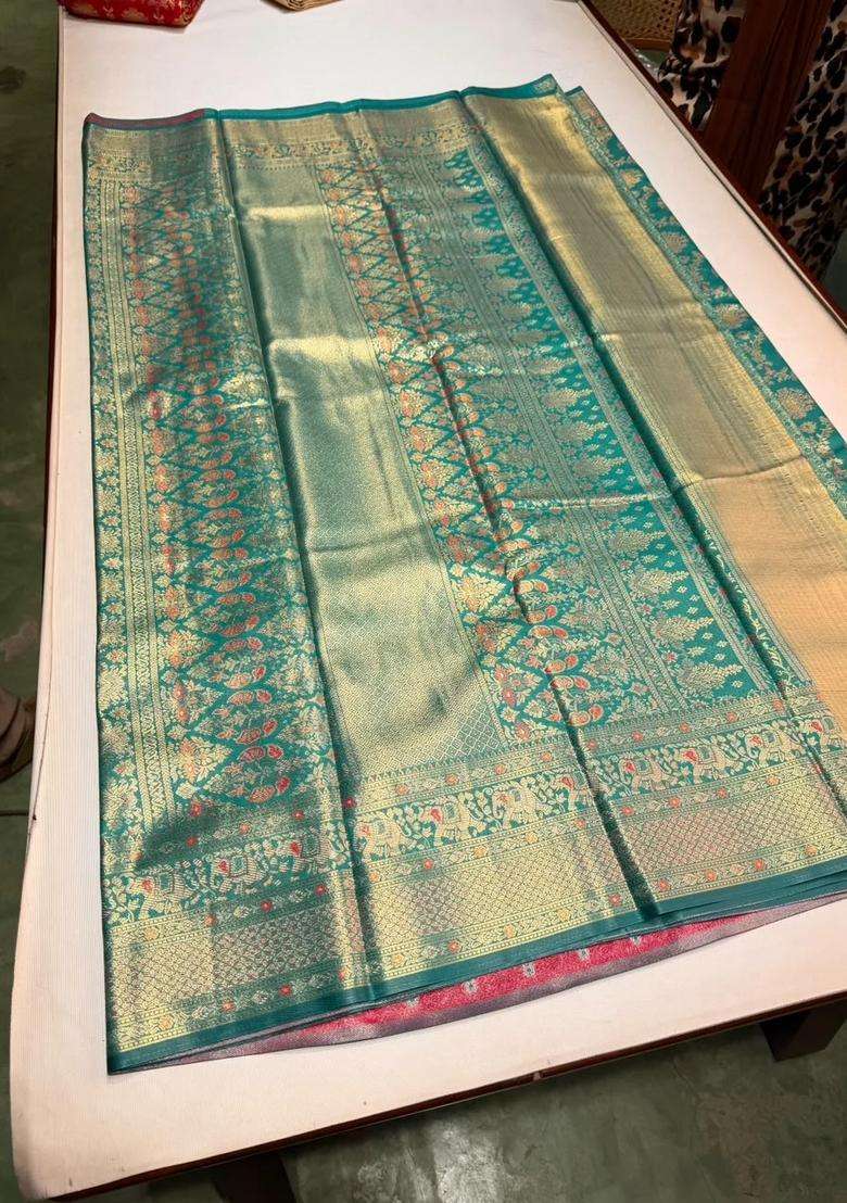 Peacock Blue Tissue Kanchipuram Saree With Traditional Woven Design For Women - Indya