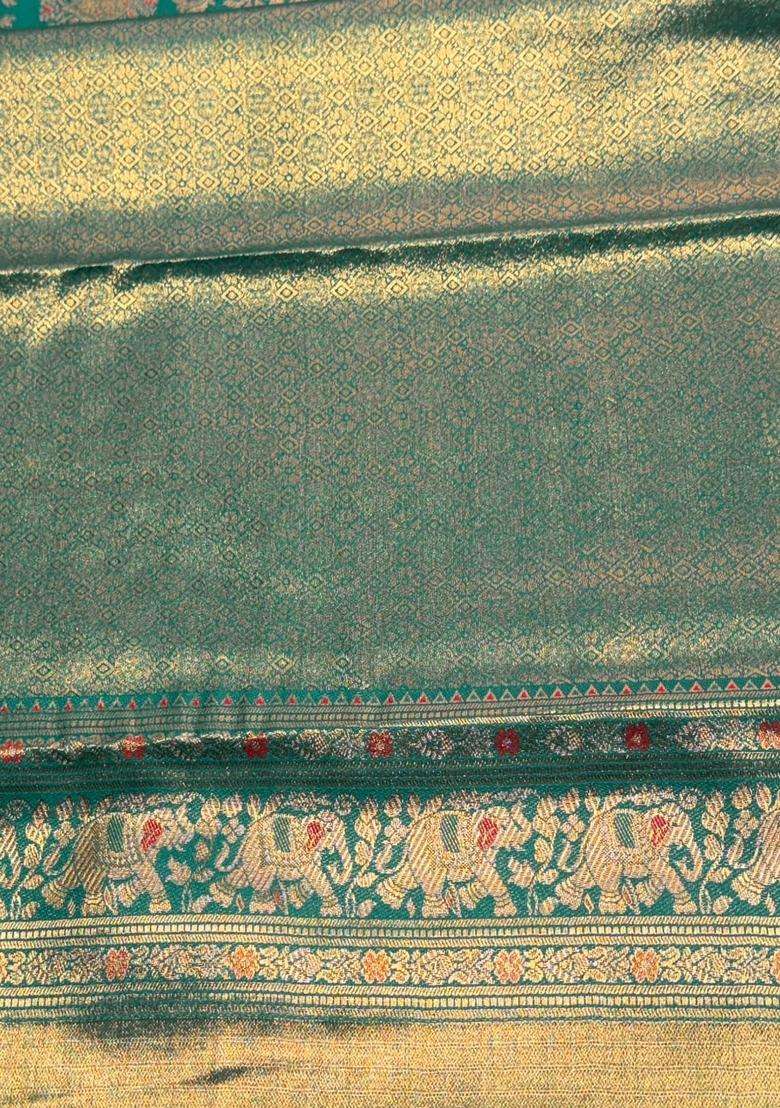 Peacock Blue Tissue Kanchipuram Saree With Traditional Woven Design For Women - Indya