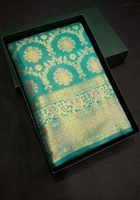 Peacock Blue Tissue Kanchipuram Saree With Traditional Woven Design For Women