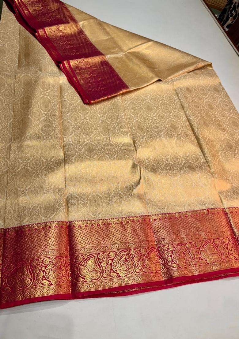 Off White And Rani Pink Tissue Kanchipuram Saree With Traditional Woven Design For Women - Indya