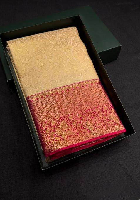 Off White And Rani Pink Tissue Kanchipuram Saree With Traditional Woven Design For Women