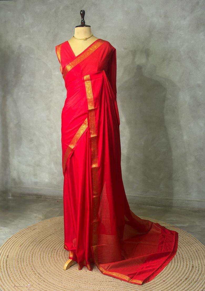 Red Semi Mysore Crepe Silk Saree With Traditional Woven Design For Women - Indya