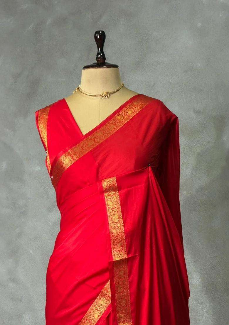 Red Semi Mysore Crepe Silk Saree With Traditional Woven Design For Women - Indya