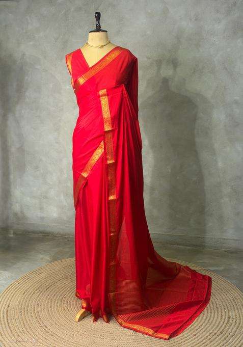 Red Semi Mysore Crepe Silk Saree With Traditional Woven Design For Women