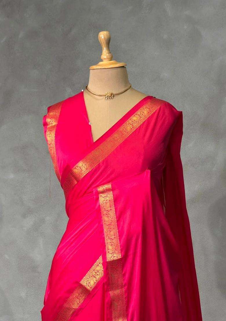 Dark Pink Semi Mysore Crepe Silk Saree With Traditional Woven Design For Women - Indya