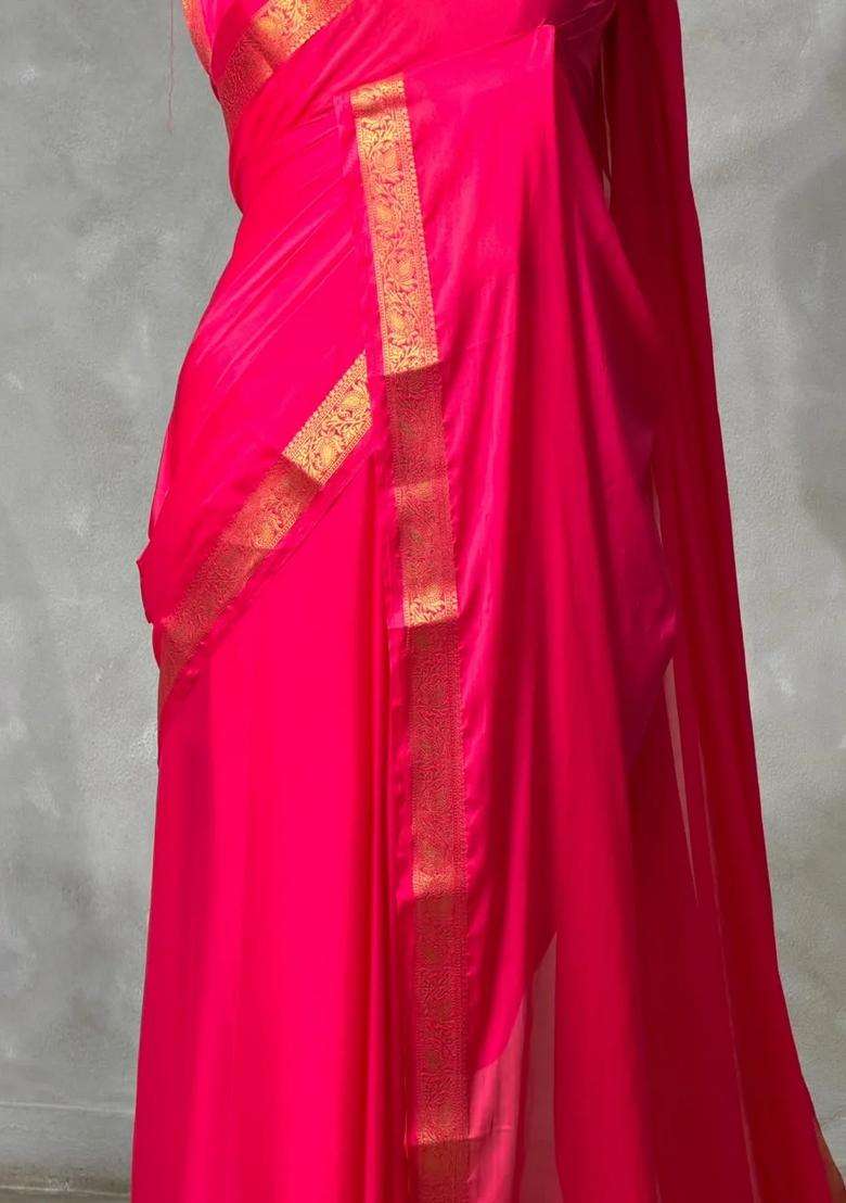 Dark Pink Semi Mysore Crepe Silk Saree With Traditional Woven Design For Women - Indya