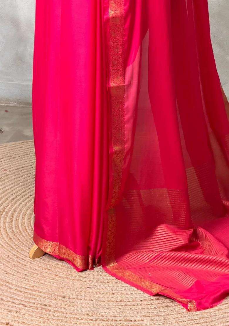 Dark Pink Semi Mysore Crepe Silk Saree With Traditional Woven Design For Women - Indya
