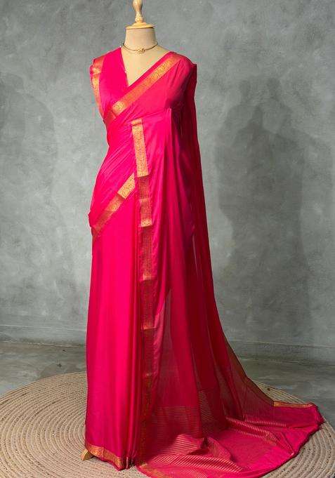 Dark Pink Semi Mysore Crepe Silk Saree With Traditional Woven Design For Women