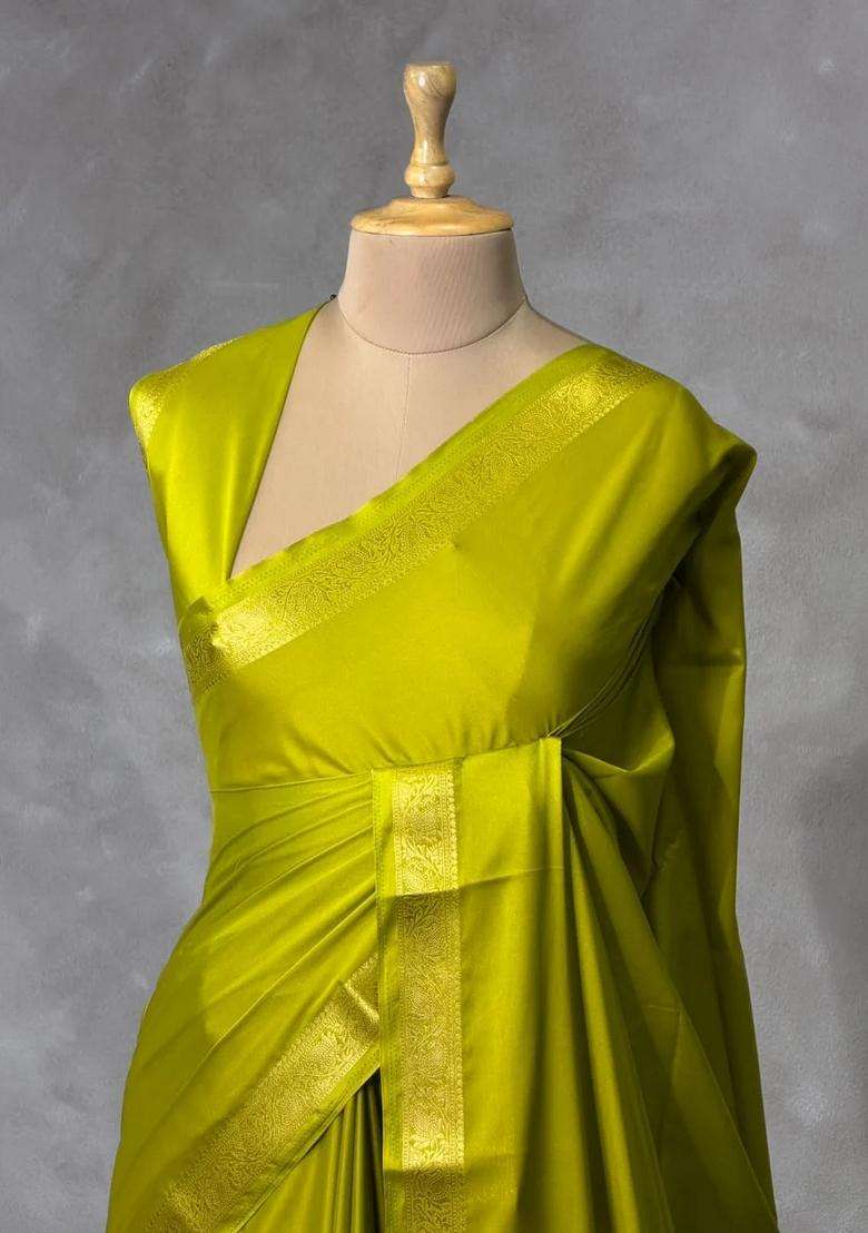 Parrot Green Semi Mysore Crepe Silk Saree With Traditional Woven Design For Women - Indya
