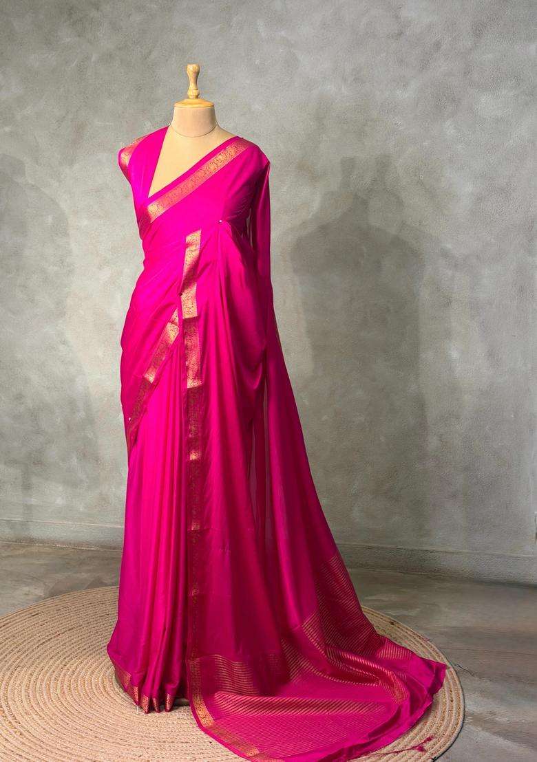 Magenta Semi Mysore Crepe Silk Saree With Traditional Woven Design For Women - Indya