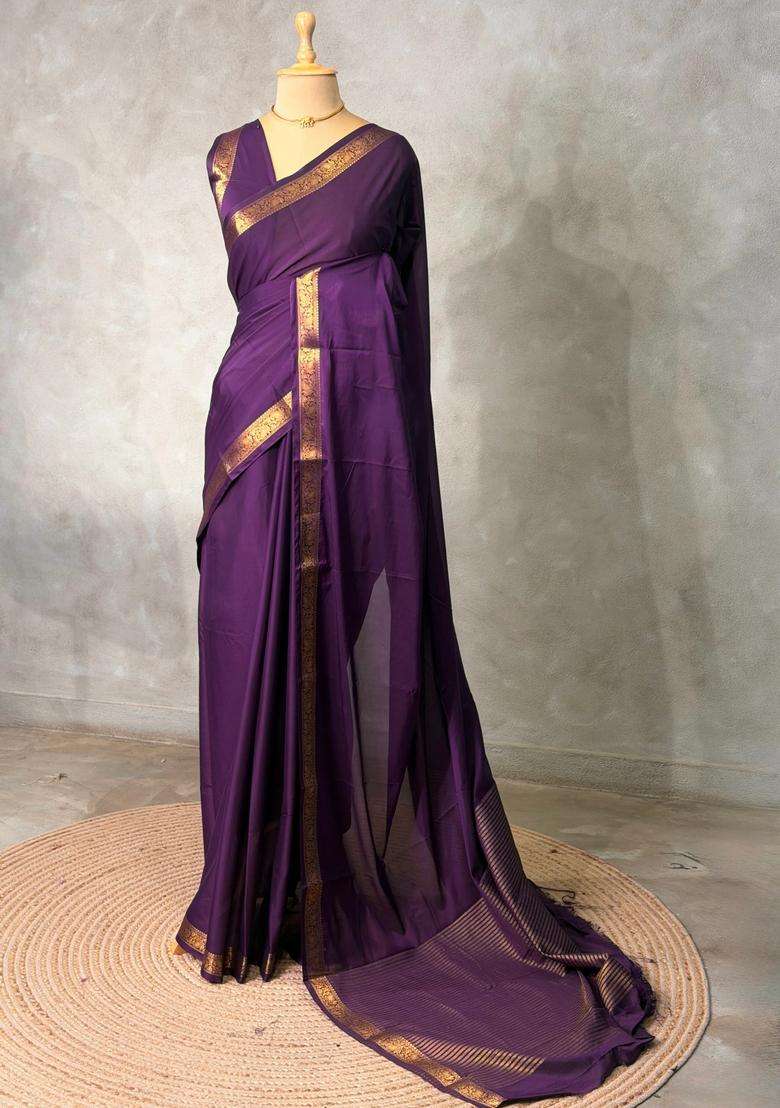 Violet Semi Mysore Crepe Silk Saree With Traditional Woven Design For Women - Indya