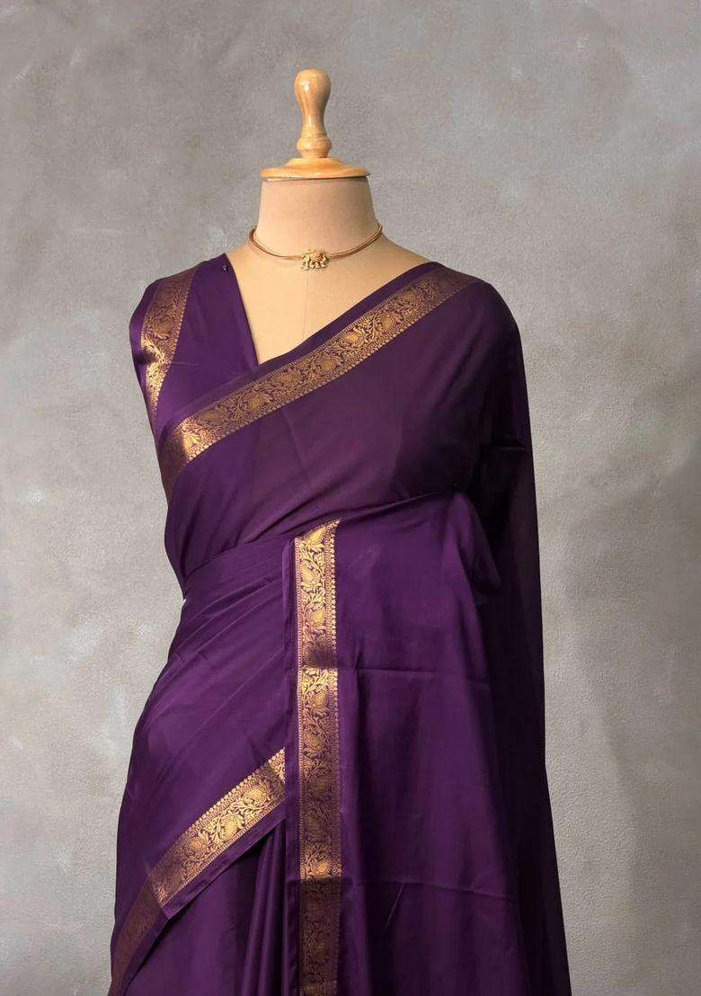 Violet Semi Mysore Crepe Silk Saree With Traditional Woven Design For Women - Indya