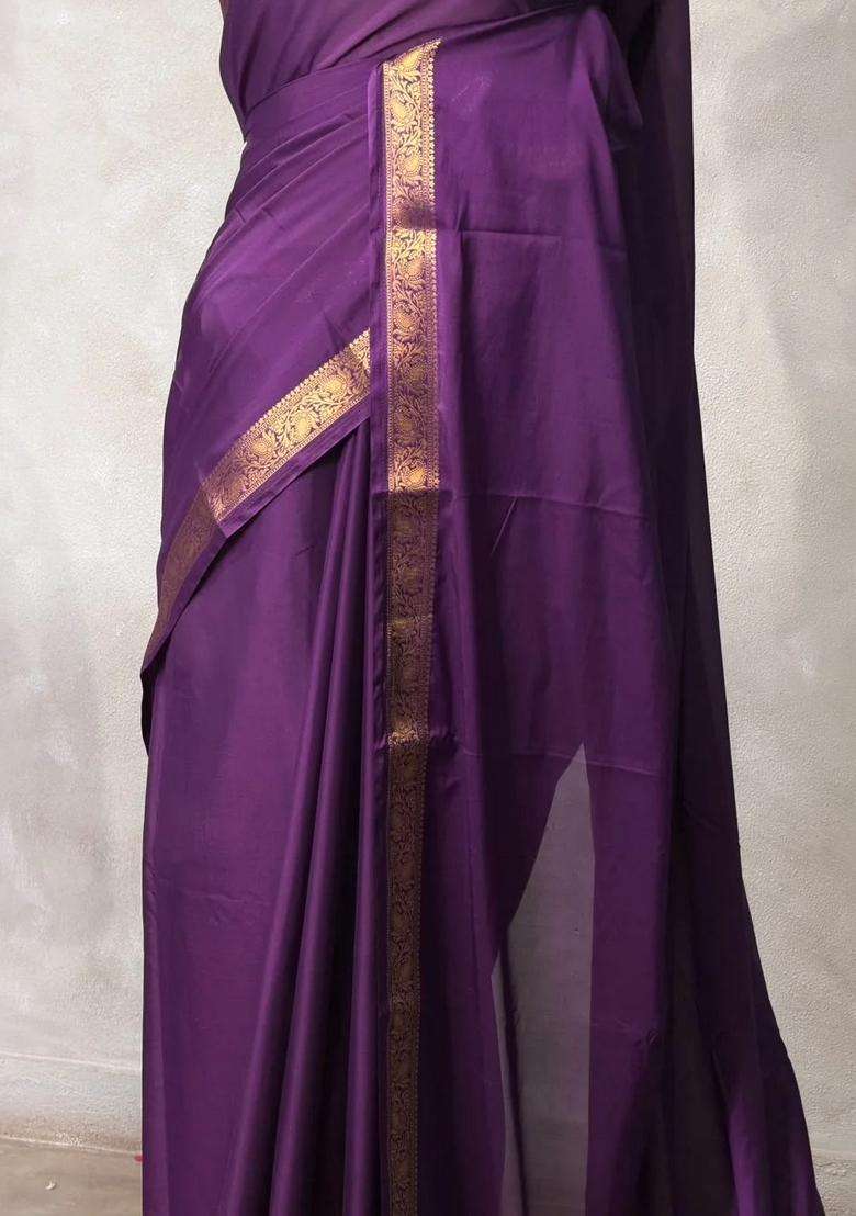 Violet Semi Mysore Crepe Silk Saree With Traditional Woven Design For Women - Indya
