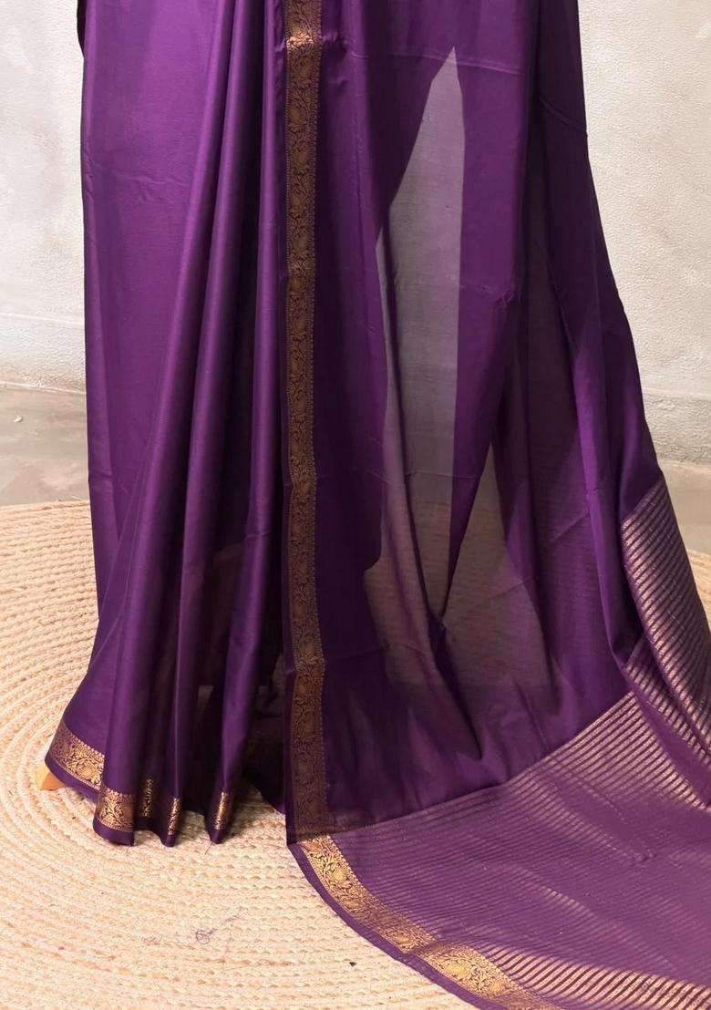 Violet Semi Mysore Crepe Silk Saree With Traditional Woven Design For Women - Indya