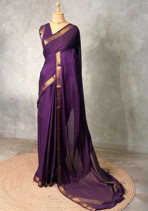 Violet Semi Mysore Crepe Silk Saree With Traditional Woven Design For Women