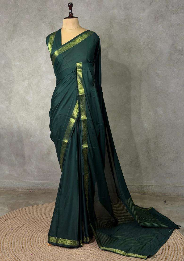 Bottle Green Semi Mysore Crepe Silk Saree With Traditional Woven Design For Women - Indya
