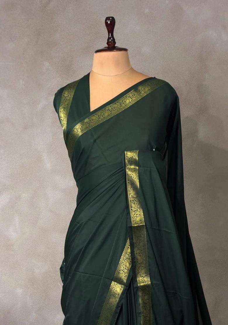 Bottle Green Semi Mysore Crepe Silk Saree With Traditional Woven Design For Women - Indya