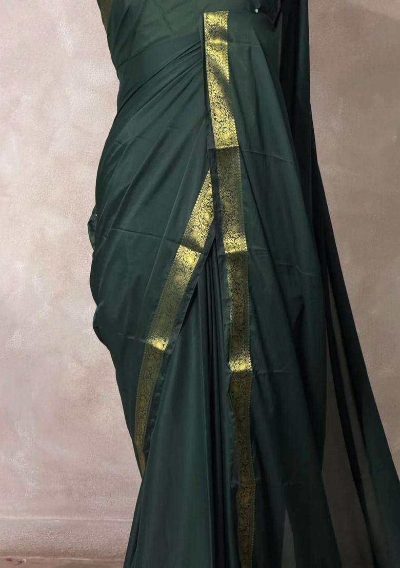 Bottle Green Semi Mysore Crepe Silk Saree With Traditional Woven Design For Women - Indya