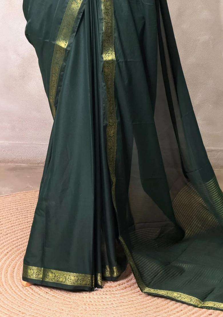 Bottle Green Semi Mysore Crepe Silk Saree With Traditional Woven Design For Women - Indya