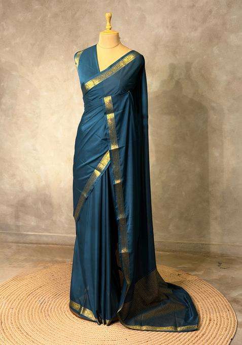 Teal Blue Semi Mysore Crepe Silk Saree With Traditional Woven Design For Women