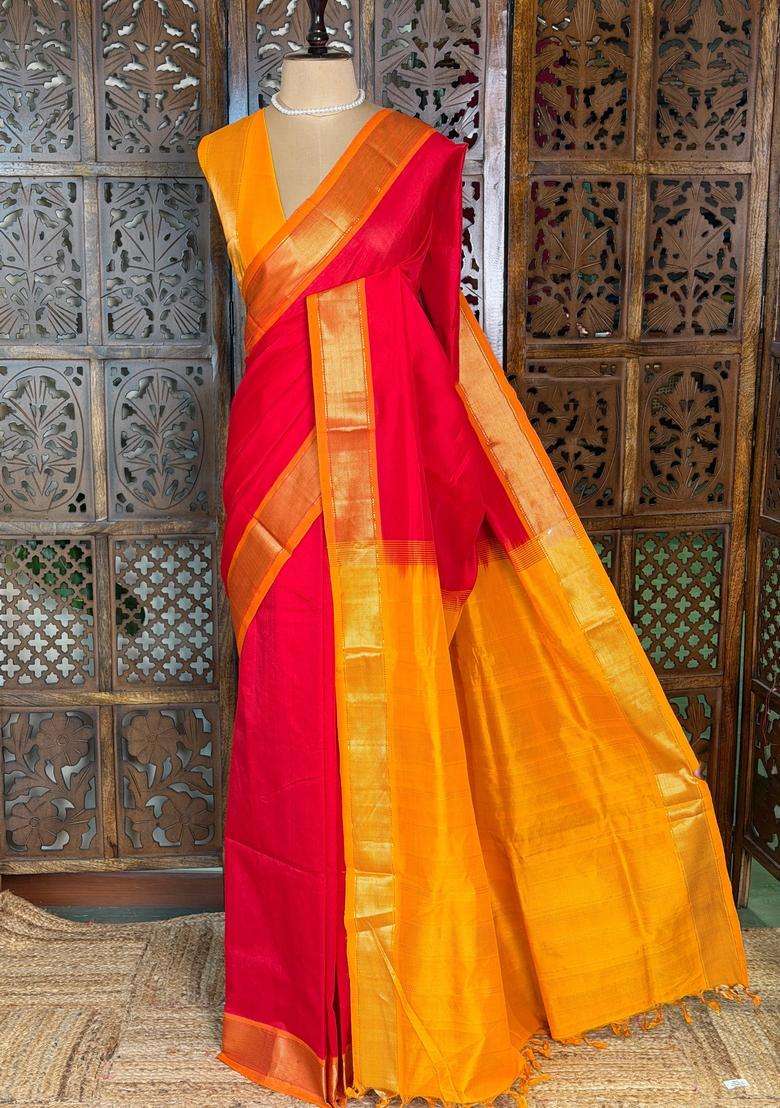 Red And Yellow Handloom Silk Cotton Saree With Traditional Woven Design For Women - Indya