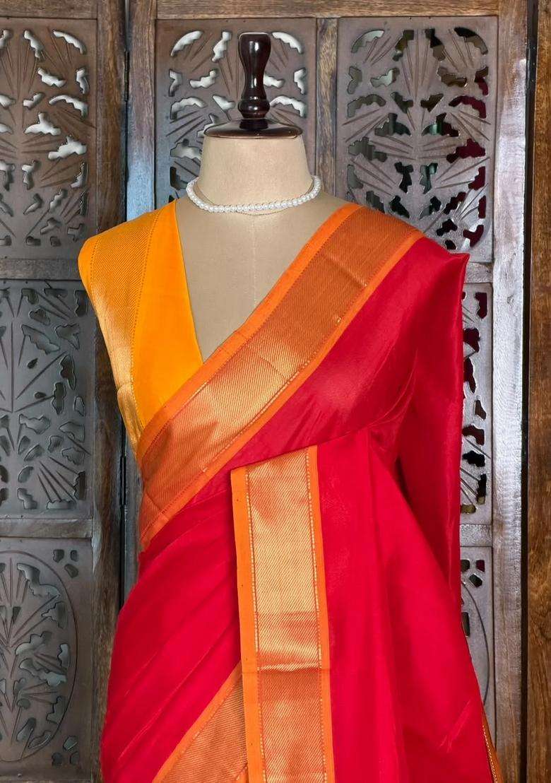 Red And Yellow Handloom Silk Cotton Saree With Traditional Woven Design For Women - Indya