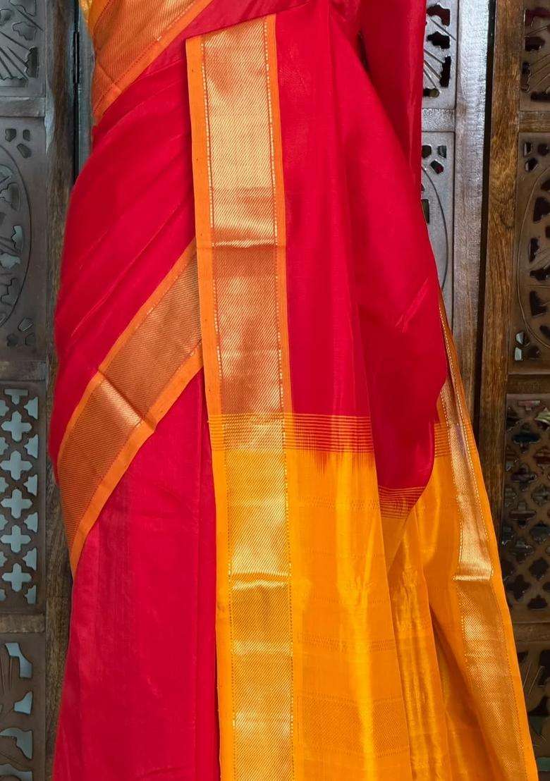 Red And Yellow Handloom Silk Cotton Saree With Traditional Woven Design For Women - Indya