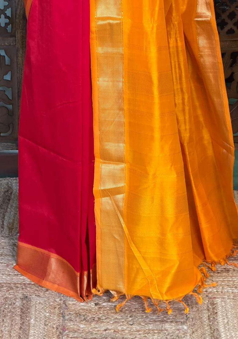 Red And Yellow Handloom Silk Cotton Saree With Traditional Woven Design For Women - Indya