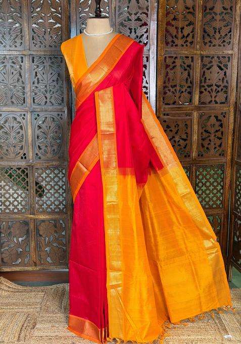 Red And Yellow Handloom Silk Cotton Saree With Traditional Woven Design For Women
