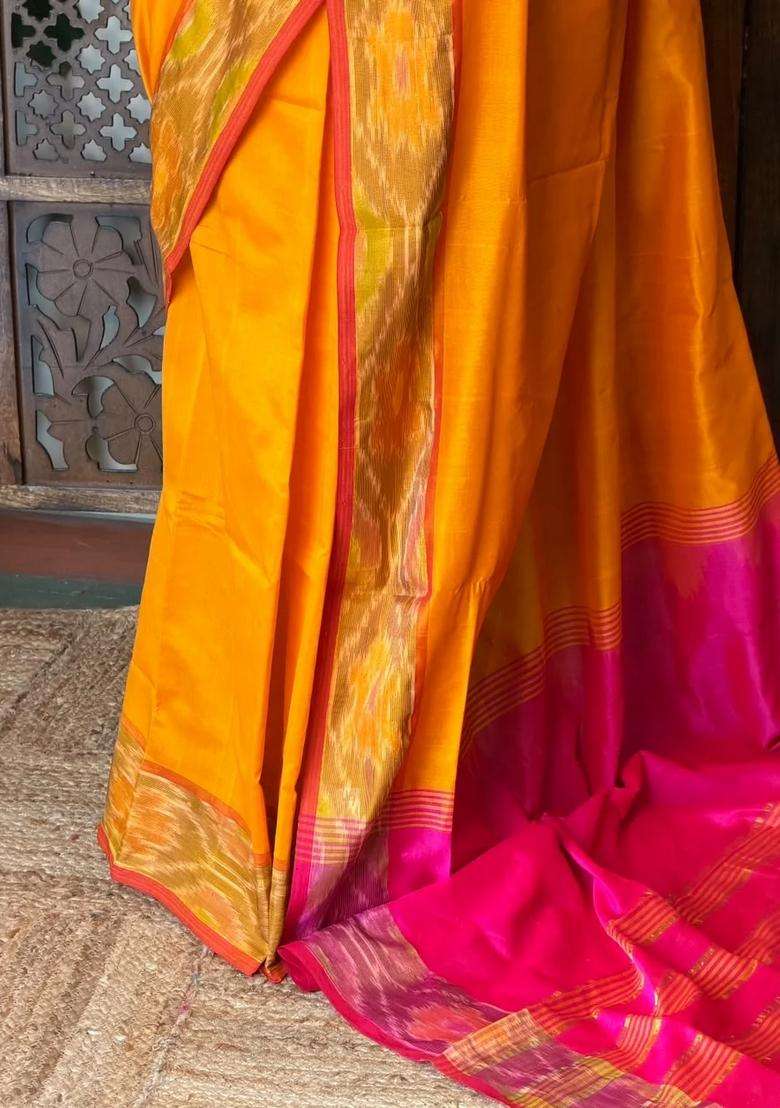 Yellow And Rani Pink Handloom Silk Cotton Saree With Traditional Woven Design For Women - Indya