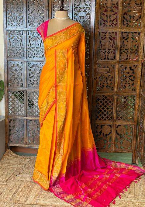 Yellow And Rani Pink Handloom Silk Cotton Saree With Traditional Woven Design For Women