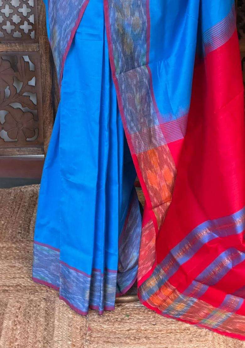 Blue And Rani Handloom Silk Cotton Saree With Traditional Woven Design For Women - Indya
