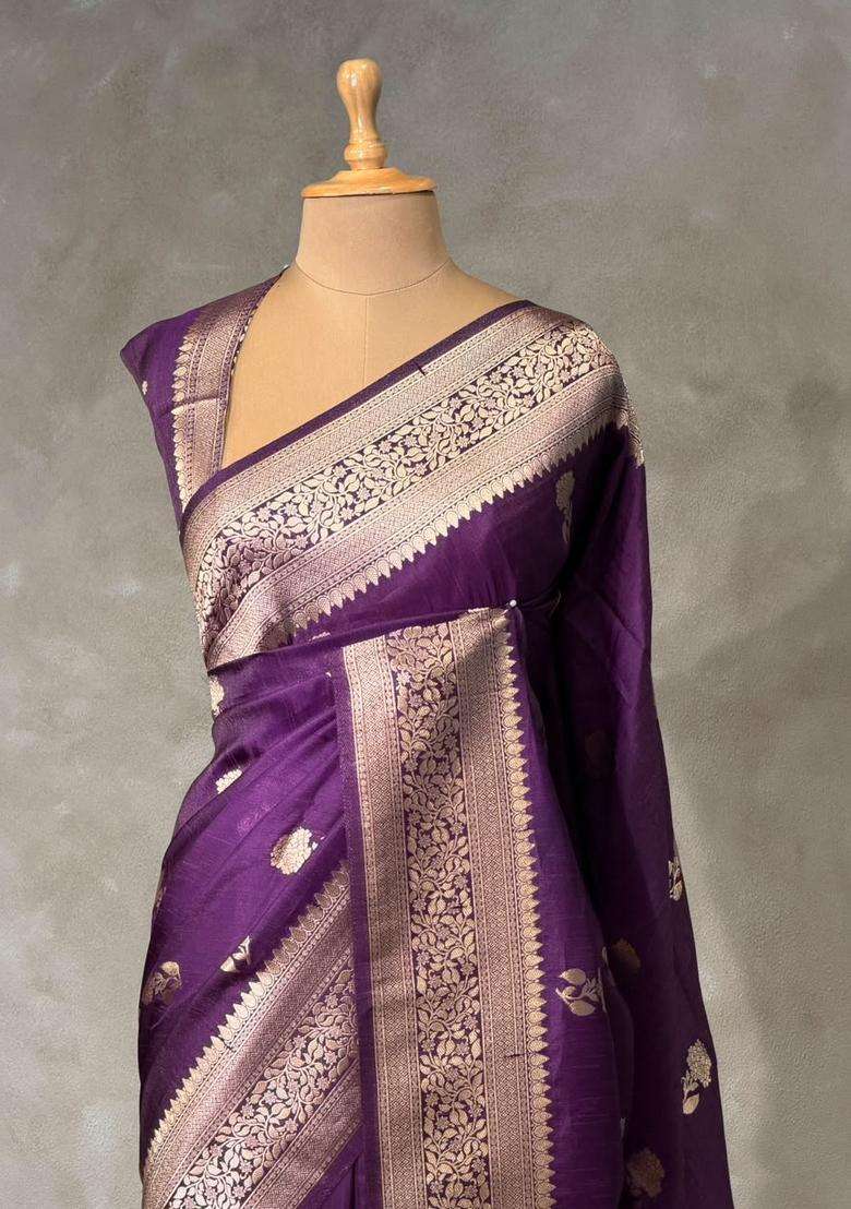 Violet Banarasi Semi Tusser Silk Tussar Saree With Traditional Woven Design For Women - Indya